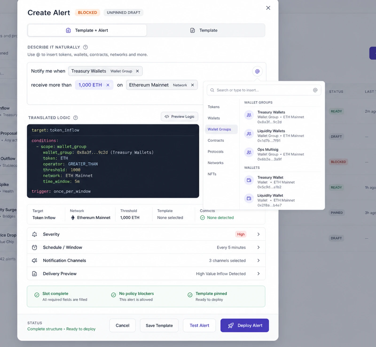 Natural language alert authoring screen with translated logic, targeting, policy status, and deploy action